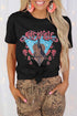 Black Guitar Flower Letter Graphic Print Short Sleeve T Shirt
